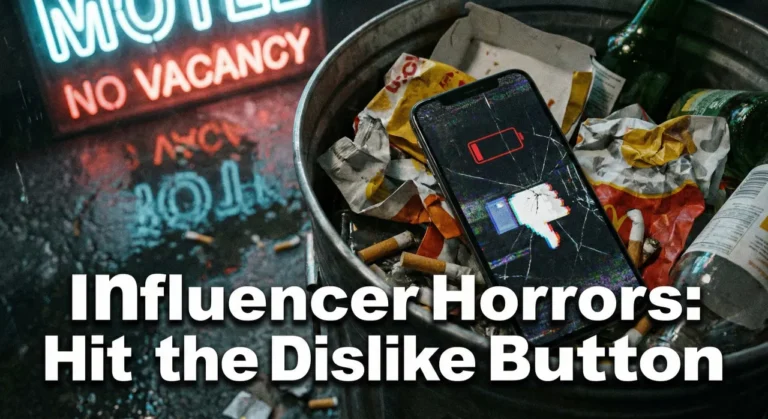 Influencer Horrors: Hit the Dislike Button" title text over a close-up photograph of a broken smartphone with a cracked screen displaying a low battery and a thumbs-down icon, lying in a trash bin filled with garbage.