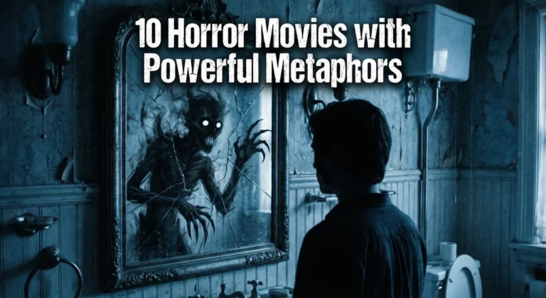 Person looking into a cracked mirror reflecting a shadow monster in a dark bathroom.