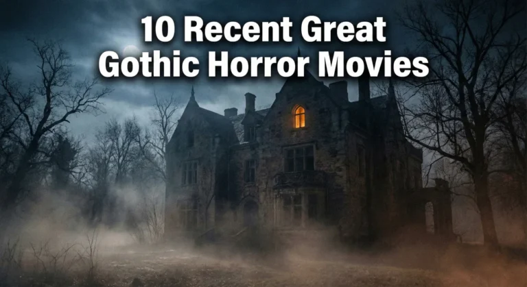 A crumbling, misty stone manor house at night with a single lit window, overlaid with the white title text: 10 Recent Great Gothic Horror Movies.