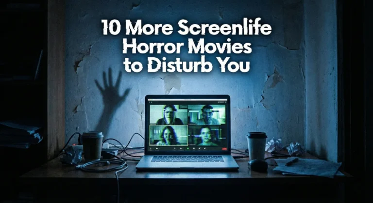 Dark room with a laptop showing a glitchy video call and a shadow hand on the wall, overlaid with the text: 10 More Screenlife Horror Movies to Disturb You.