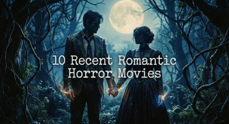 A couple in tattered vintage clothing hold glowing hands in a dark, moonlit forest, overlaid with the white title text: 10 Recent Romantic Horror Movies.