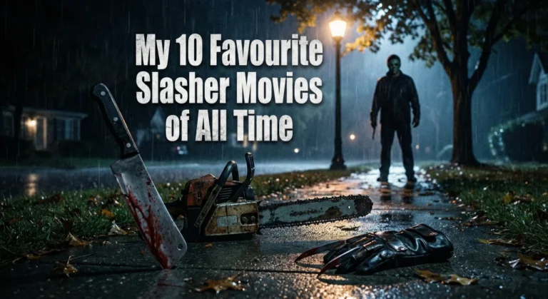 Iconic slasher weapons including a chainsaw and razor glove lying on a wet sidewalk with a masked figure in the background, overlaid with the text: My 10 Favourite Slasher Movies of All Time.