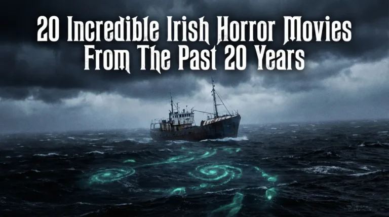 A dark, cinematic shot showing a lone, rusted fishing trawler navigating black, choppy waters under a stormy, grey sky. Glowing blue bioluminescent swirls are visible beneath the water's surface, moving toward the boat. In the upper third, stylized white text reads: "20 Incredible Irish Horror Movies From The Past 20 Years".