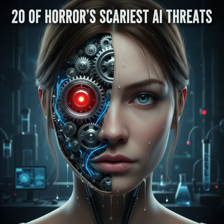 Hyper-realistic half-human, half-android face with the title 20 Of Horror's Scariest AI Threats.