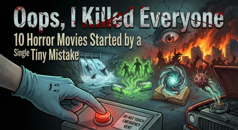Cover illustration for the listicle "Oops, I Killed Everyone: 10 Horror Movies Started by a Single Tiny Mistake," featuring a gloved hand pressing a forbidden red button while a chaotic montage of zombies, sea monsters, and a burning city unfolds in the background.