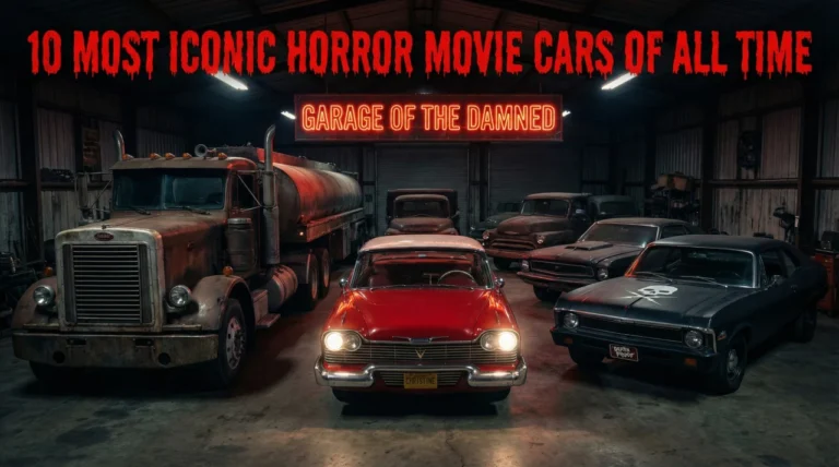 10 Most Iconic Horror Movie Cars of All Time cover image for the article, showing a collection of menacing vehicles including the red Plymouth Fury "Christine," the rusted tanker truck from "Duel," and the skull-emblazoned Chevy Nova from "Death Proof," parked inside a dimly lit, atmospheric garage with the neon sign "GARAGE OF THE DAMNED" above them.