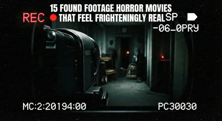 Grainy VHS camcorder viewfinder view of a dark, creepy hallway, acting as the cover image with the title text overlay: 15 FOUND FOOTAGE HORROR MOVIES THAT FEEL FRIGHTENINGLY REAL.