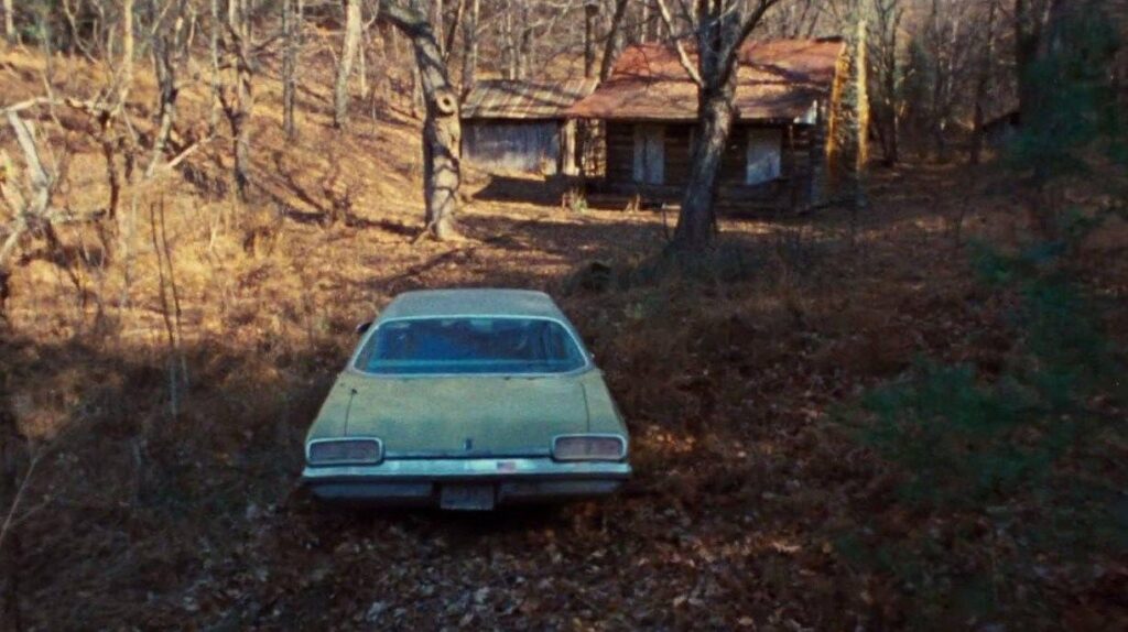 Ash Williams’ iconic 1973 Oldsmobile Delta 88, known as 'The Classic,' parked in the woods from Sam Raimi’s The Evil Dead (1981).
