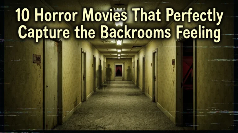 A long, eerie, yellowish hotel hallway with endless identical doors, flickering fluorescent lights, and faint glitch effects, featuring the title "10 Horror Movies That Perfectly Capture the Backrooms Feeling."