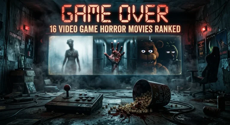 A cinematic collage cover for a ranking of 16 video game horror movies, featuring an arcade stick and popcorn in a dark, grimy room with various film posters.