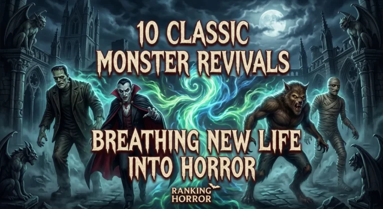 A dark, atmospheric promotional graphic titled "10 Classic Monster Revivals: Breathing New Life Into Horror." The image features stylized versions of Frankenstein's monster, Dracula, a werewolf, and a mummy standing before gothic architecture and stone gargoyles under a full moon. A glowing green and blue ethereal swirl separates the monsters, and the "Ranking Horror" logo is positioned at the bottom center.