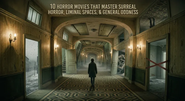 Image features the title "10 HORROR MOVIES THAT MASTER SURREAL HORROR, LIMINAL SPACES, & GENERAL ODDNESS" at the top. Below, a lone figure in a dark coat walks down a long, symmetrical hotel-style corridor with old, faded decor. Doors on both sides open into unsettling, impossible spaces, including a snowy street, a room with caution tape, and abstract geometric structures.