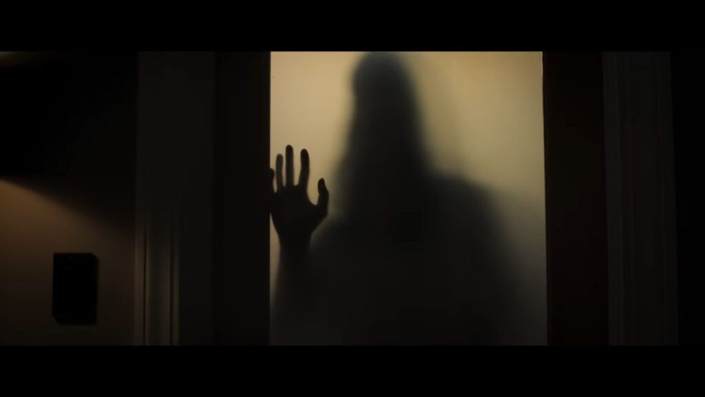 A chilling, dark silhouette of a figure with long hair pressed against a frosted glass door. One hand is visibly flat against the glass, creating a blurred and haunting shadow against the warm, dim light coming from behind the figure - The Night House.