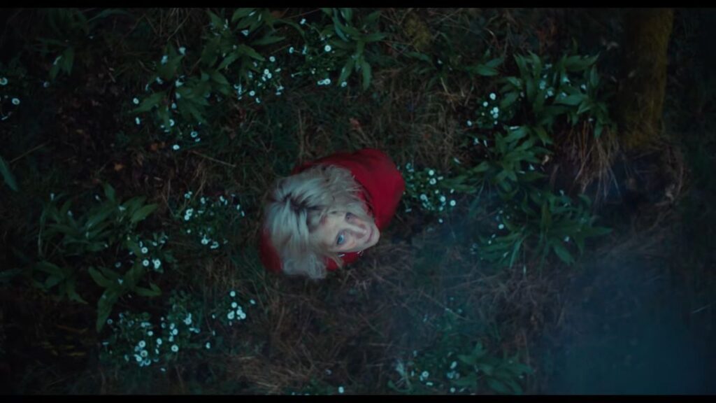 A blonde woman in a red coat looks up nervously from an overhead perspective, surrounded by grass and small white flowers in the horror movie Hunted (2020).