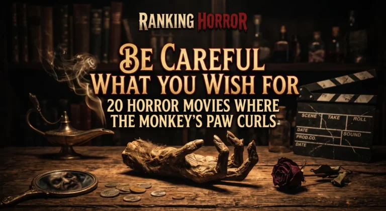 A stylized cover image for Ranking Horror's listicle 'Be Careful What You Wish For: 20 Horror Movies Where The Monkey's Paw Curls', featuring a central mummified monkey's paw on a table.