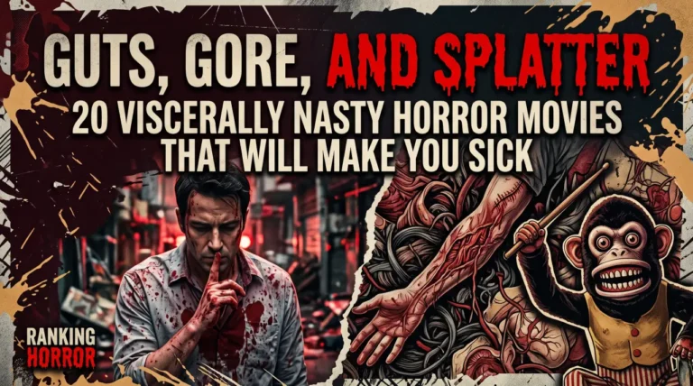 Featured banner for Ranking Horror titled Guts, Gore, and Splatter: 20 Viscerally Nasty Horror Movies That Will Make You Sick, featuring a blood-splattered man, gory anatomical illustrations, and a toy monkey.