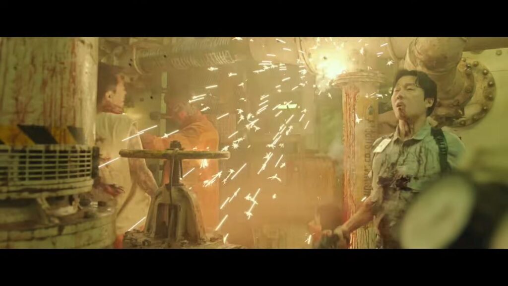 Bright sparks flying and blood splattering across a ship's mechanical engine room amidst chaotic violence in Project Wolf Hunting.